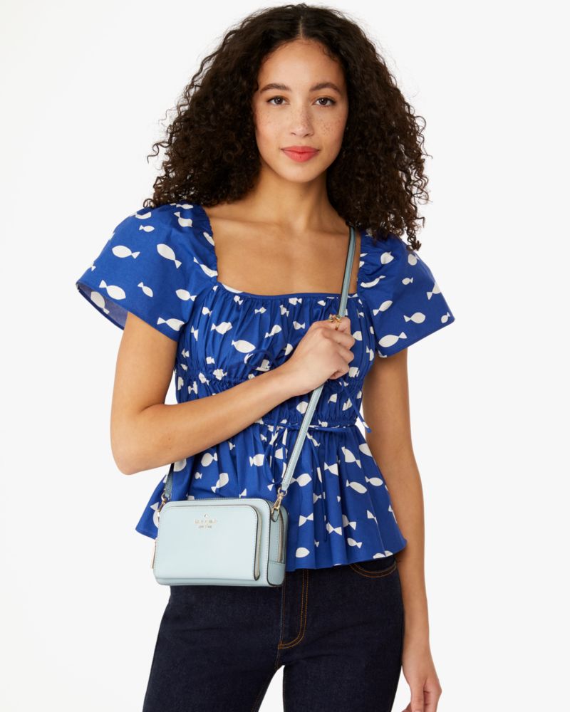Kate Spade,Staci Dual Zip Around Mini Crossbody,Lining Leather,Crossbody,Metal,Logo,Lined,Casual,Blue