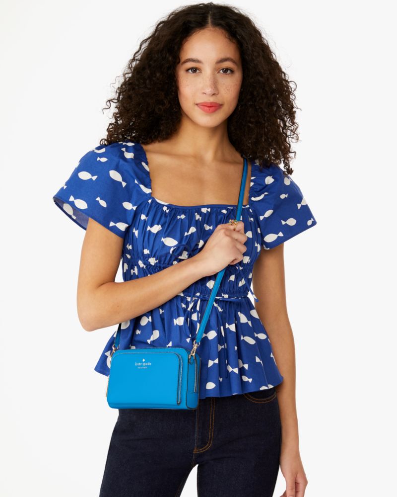 Kate Spade,Staci Dual Zip Around Mini Crossbody,Lining Leather,Crossbody,Metal,Logo,Lined,Casual,Blue