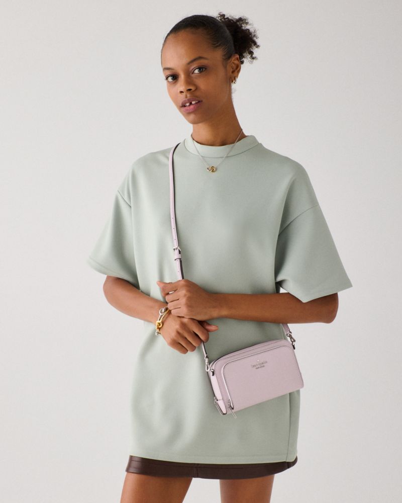 Kate Spade,Staci Mini Dual Zip Around Crossbody,Lining Leather,Crossbody,Metal,Logo,Lined,Casual,Pink