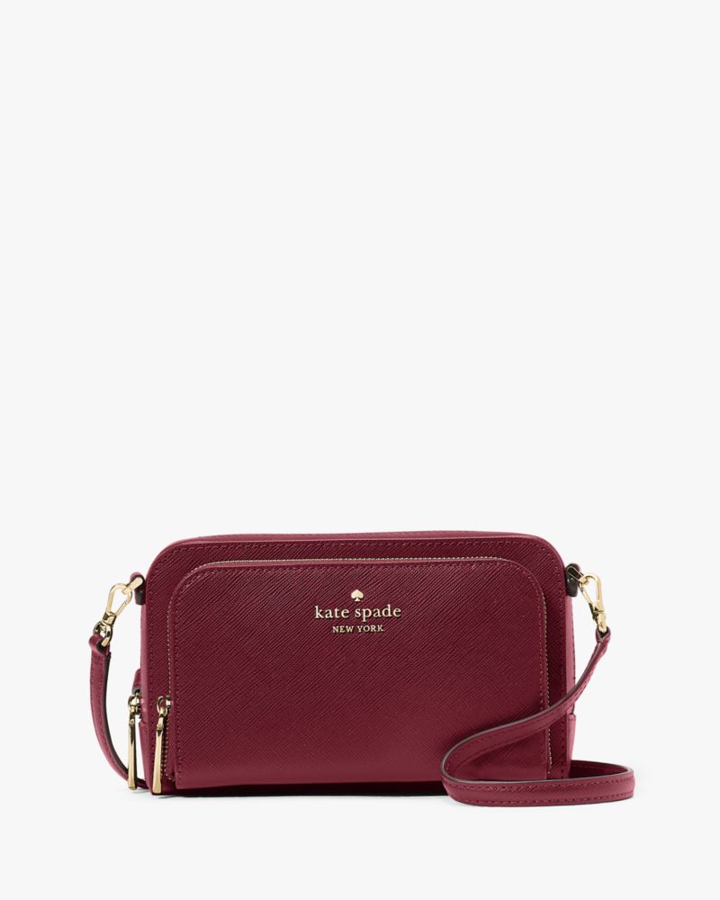 Kate Spade,Staci Dual Zip Around Mini Crossbody,Lining Leather,Crossbody,Metal,Logo,Lined,Casual,