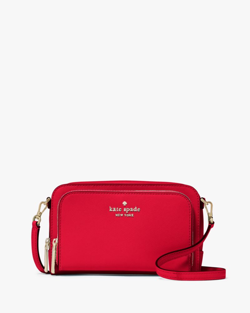 Kate Spade,Staci Dual Zip Around Mini Crossbody,Lining Leather,Crossbody,Metal,Logo,Lined,Casual,Red