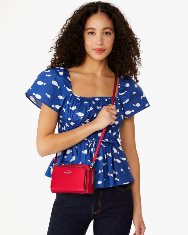 Kate Spade,Staci Dual Zip Around Mini Crossbody,Lining Leather,Crossbody,Metal,Logo,Lined,Casual,Red