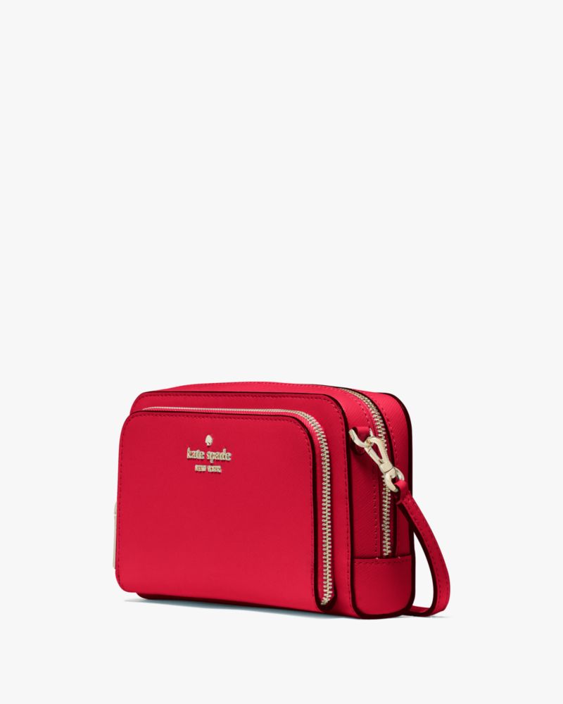 Kate Spade,Staci Dual Zip Around Mini Crossbody,Lining Leather,Crossbody,Metal,Logo,Lined,Casual,Red