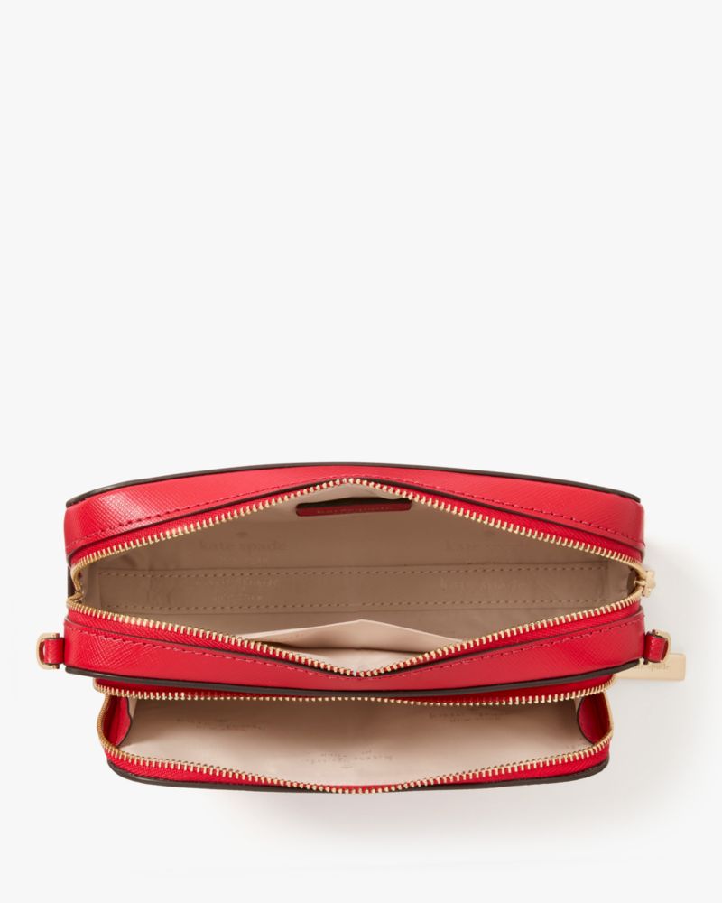 Kate Spade,Staci Dual Zip Around Mini Crossbody,Lining Leather,Crossbody,Metal,Logo,Lined,Casual,Red