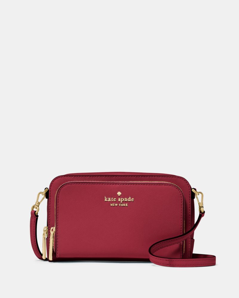 Kate Spade,Staci Mini Dual Zip Around Crossbody,Lining Leather,Crossbody,Metal,Logo,Lined,Casual,Maroon