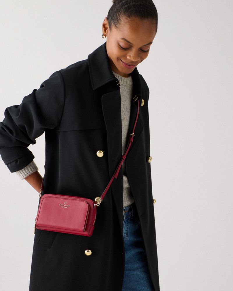 Kate Spade,Staci Mini Dual Zip Around Crossbody,Lining Leather,Crossbody,Metal,Logo,Lined,Casual,Maroon
