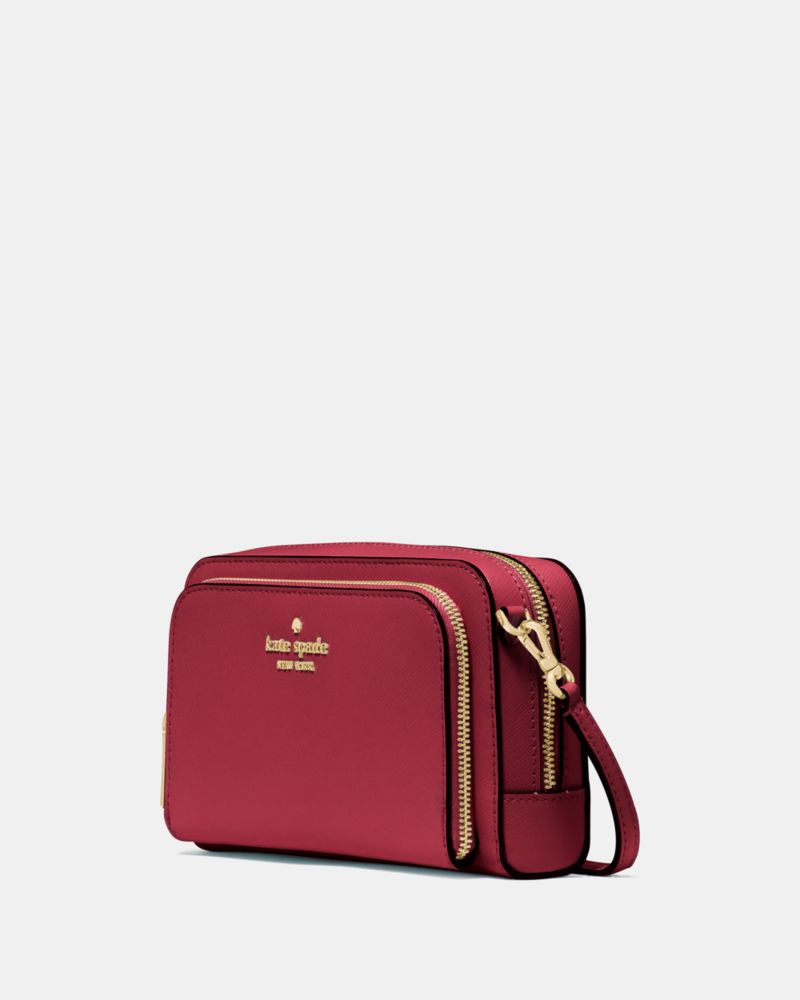 Kate Spade,Staci Mini Dual Zip Around Crossbody,Lining Leather,Crossbody,Metal,Logo,Lined,Casual,Maroon