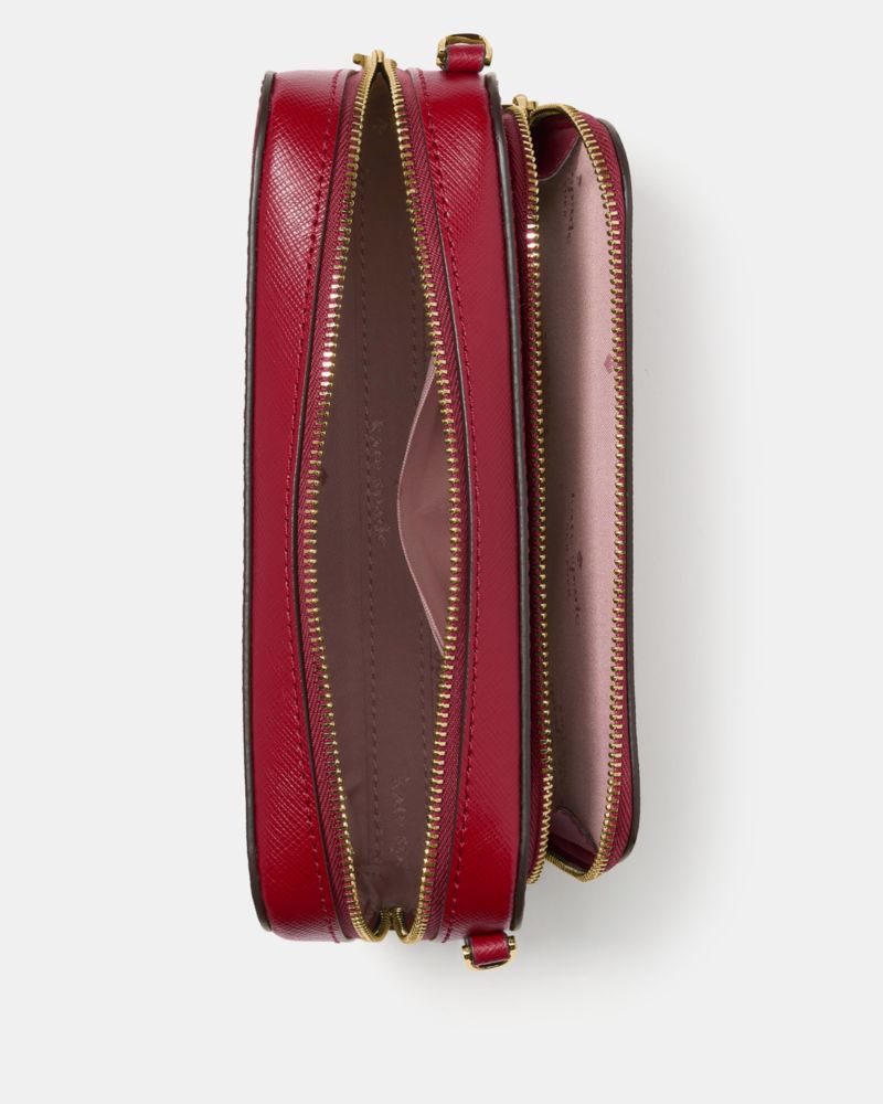 Kate Spade,Staci Mini Dual Zip Around Crossbody,Lining Leather,Crossbody,Metal,Logo,Lined,Casual,Maroon