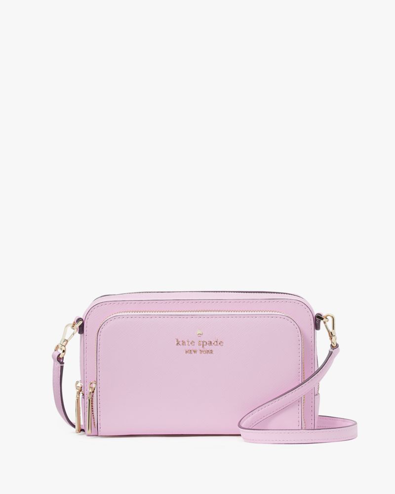 Kate Spade,Staci Dual Zip Around Mini Crossbody,Lining Leather,Crossbody,Metal,Logo,Lined,Casual,