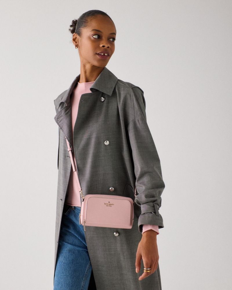 Kate Spade,Staci Mini Dual Zip Around Crossbody,Lining Leather,Crossbody,Metal,Logo,Lined,Casual,Pink