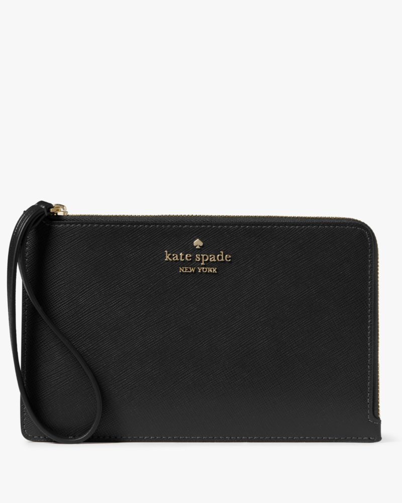 Kate Spade,Staci Medium L-zip Wristlet,Leather,Wristlet,Pouch,Metal,Logo,Silver Metal,Casual,Black