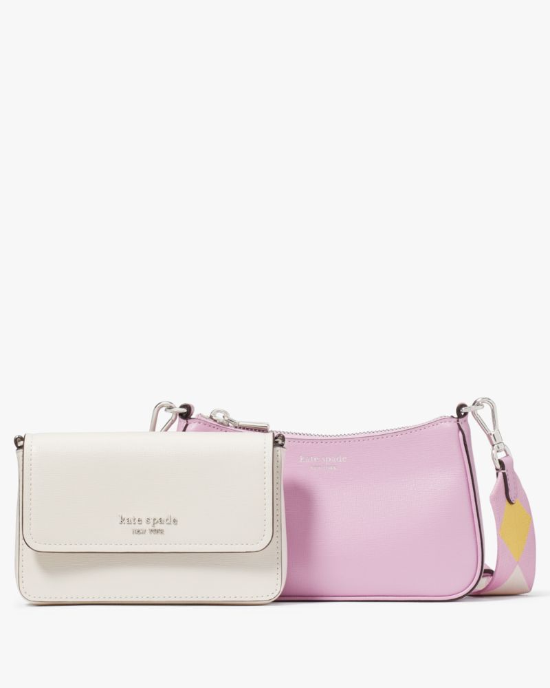 Kate Spade,Double Up Colorblocked Crossbody,Leather,Clutch,Crossbody,Logo,Metal,Color Block,Pattern,Casual,Multi Color