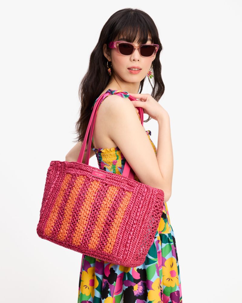 Kate Spade,Eden Striped Crochet Large Tote,Crochet,Pouch,Tote,Casual,Fuchsia