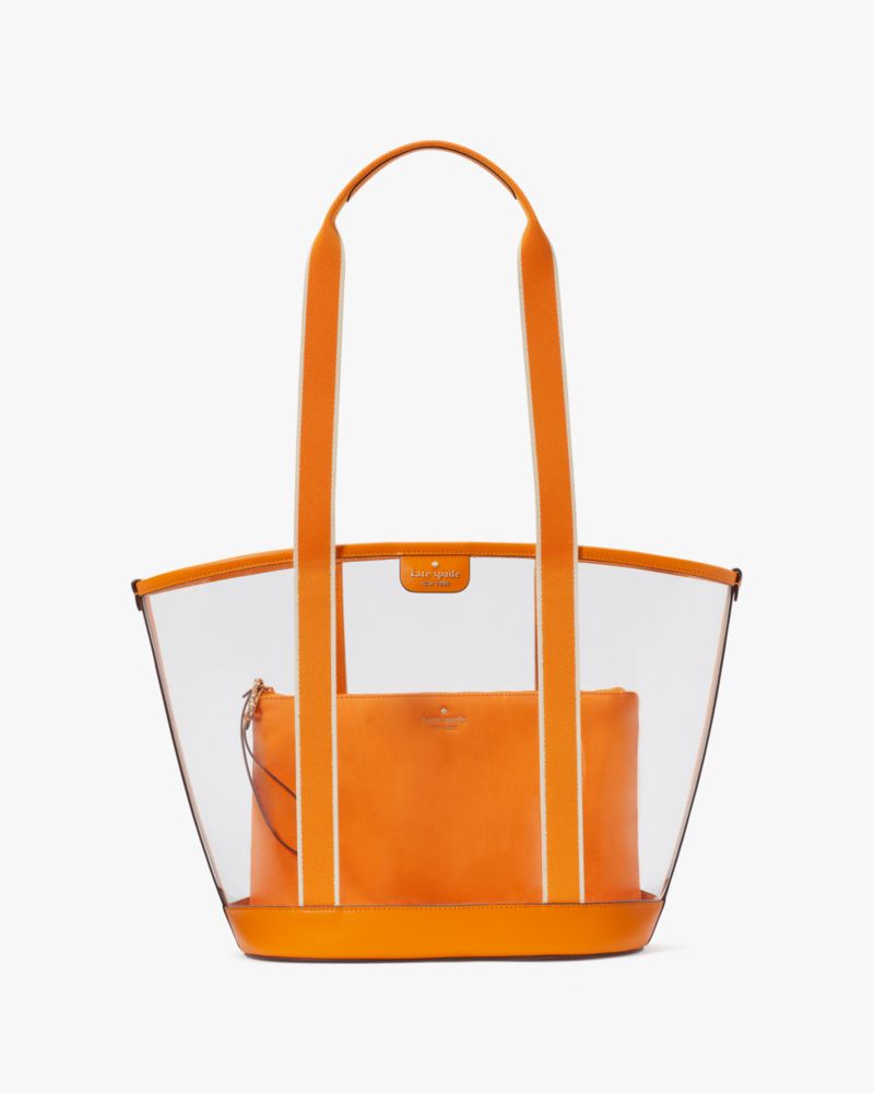 Kate Spade,Clare See Through Tote,Tote,Pouch,PVC,Logo,Metal,Stripe,Piping,Sheer,Lined,Day Party,Casual,Orange