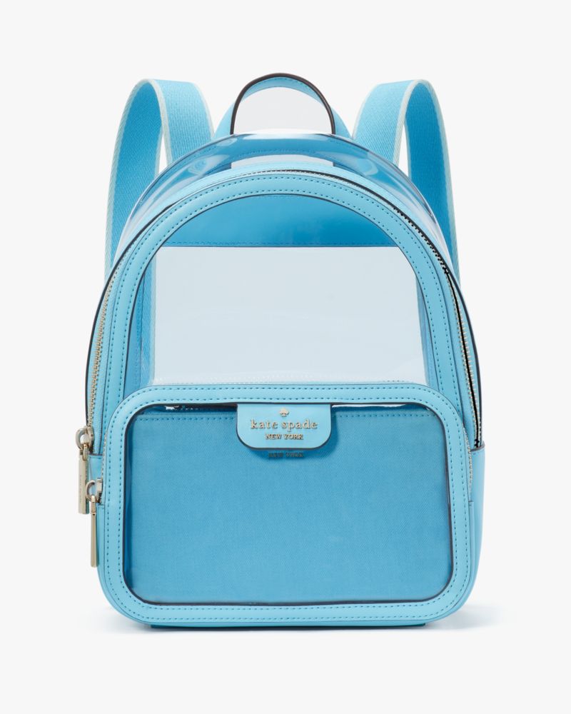 Kate Spade,Clare See Through Small Backpack,Leather,Backpack,Pouch,PVC,Logo,Metal,Piping,Sheer,Lined,Day Party,Casual,Blue