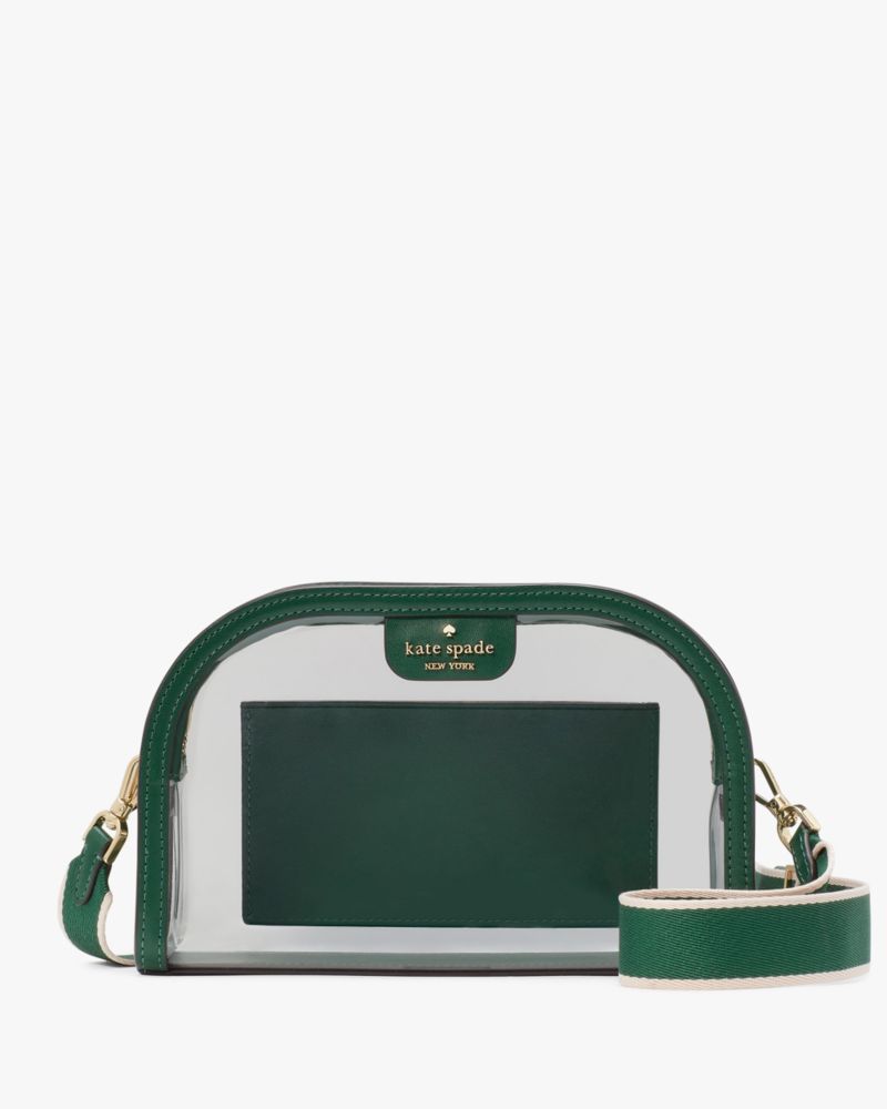 Kate Spade,Clare See Through Small Dome Crossbody,Crossbody,PVC,Logo,Metal,Sheer,Piping,Casual,Emerald