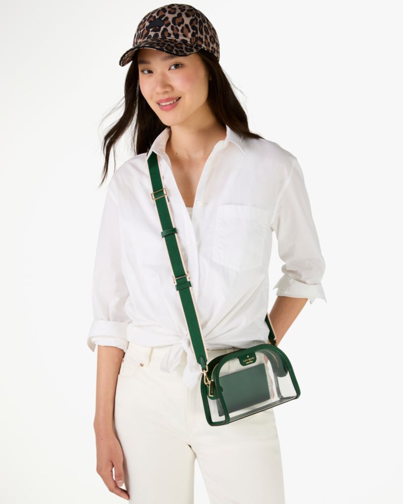 Kate Spade,Clare See Through Small Dome Crossbody,Crossbody,PVC,Logo,Metal,Sheer,Piping,Casual,Emerald