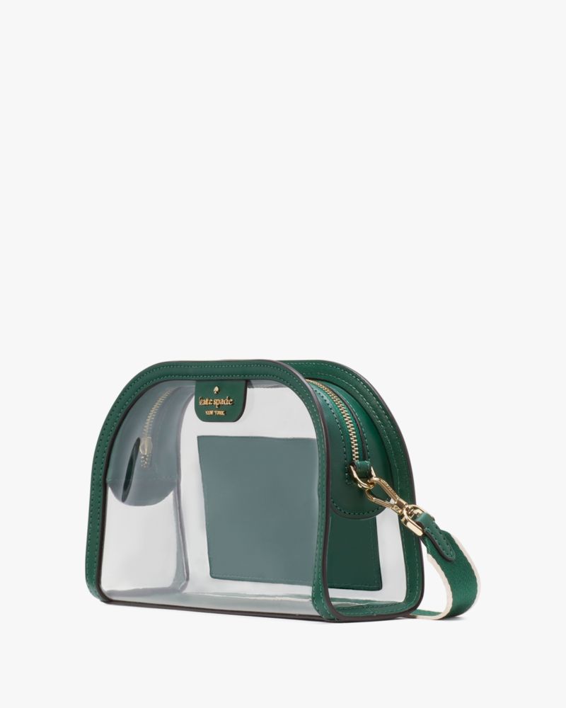 Kate Spade,Clare See Through Small Dome Crossbody,Crossbody,PVC,Logo,Metal,Sheer,Piping,Casual,Emerald