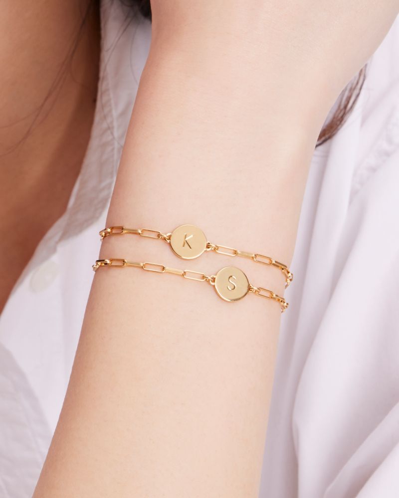 Kate Spade,Initial Chain Bracelet,Metal Material,Cubic Zirconia,Disc,Initials Embellishment,Gold Plated,Yellow Gold Plated...,