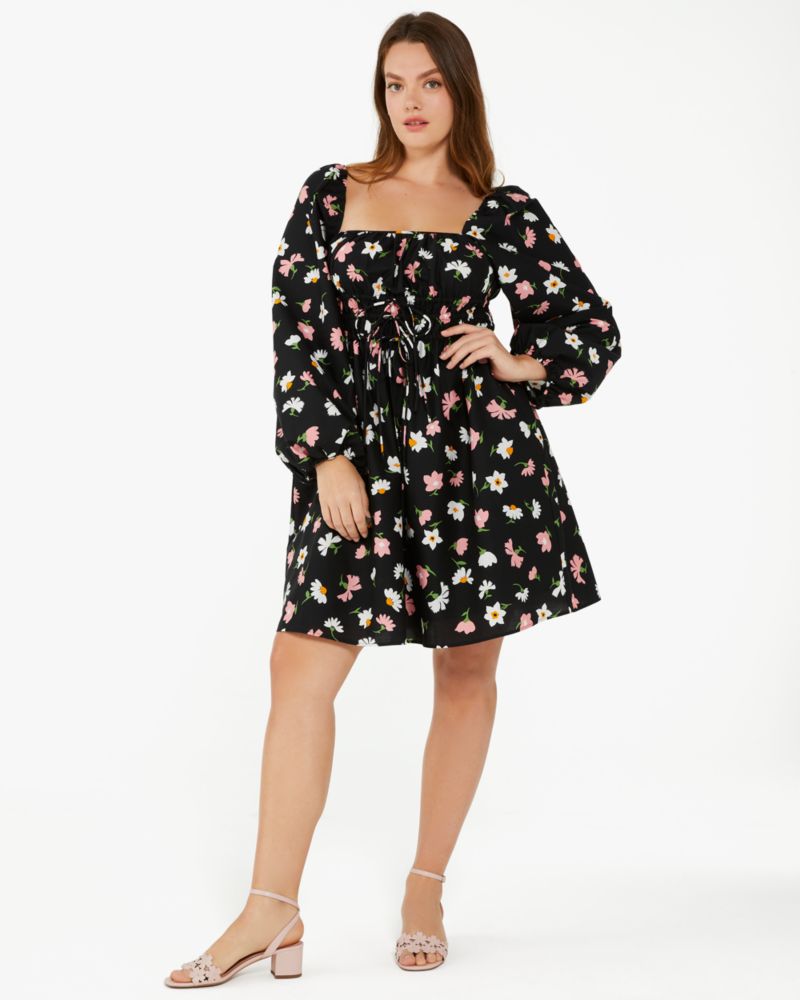 Kate Spade,Floral Waltz Square-Neck Dress,Cotton Blend,Poplin,Cotton,A-Line,Drawstring,Ruched,Gathered Elastic Detail,Day ...,Black