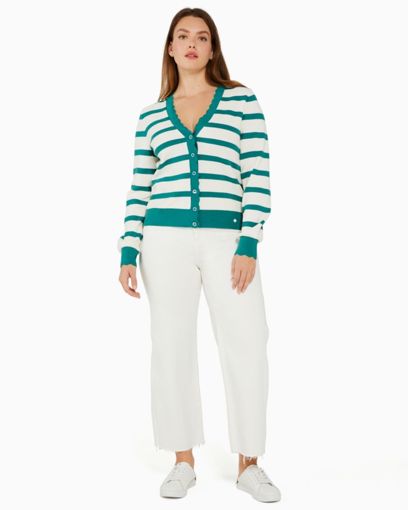 Kate Spade,Striped Scalloped Cardigan,Polyester/Nylon,Cream/Wild Sage