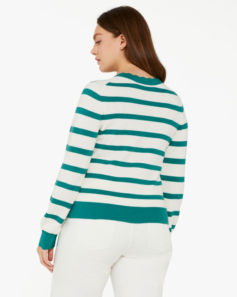 Kate Spade,Striped Scalloped Cardigan,Polyester/Nylon,Cream/Wild Sage