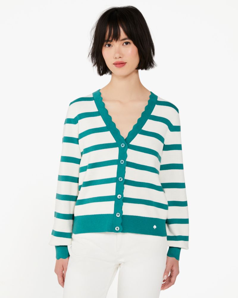 Kate Spade,Striped Scalloped Cardigan,Polyester/Nylon,Cream/Wild Sage