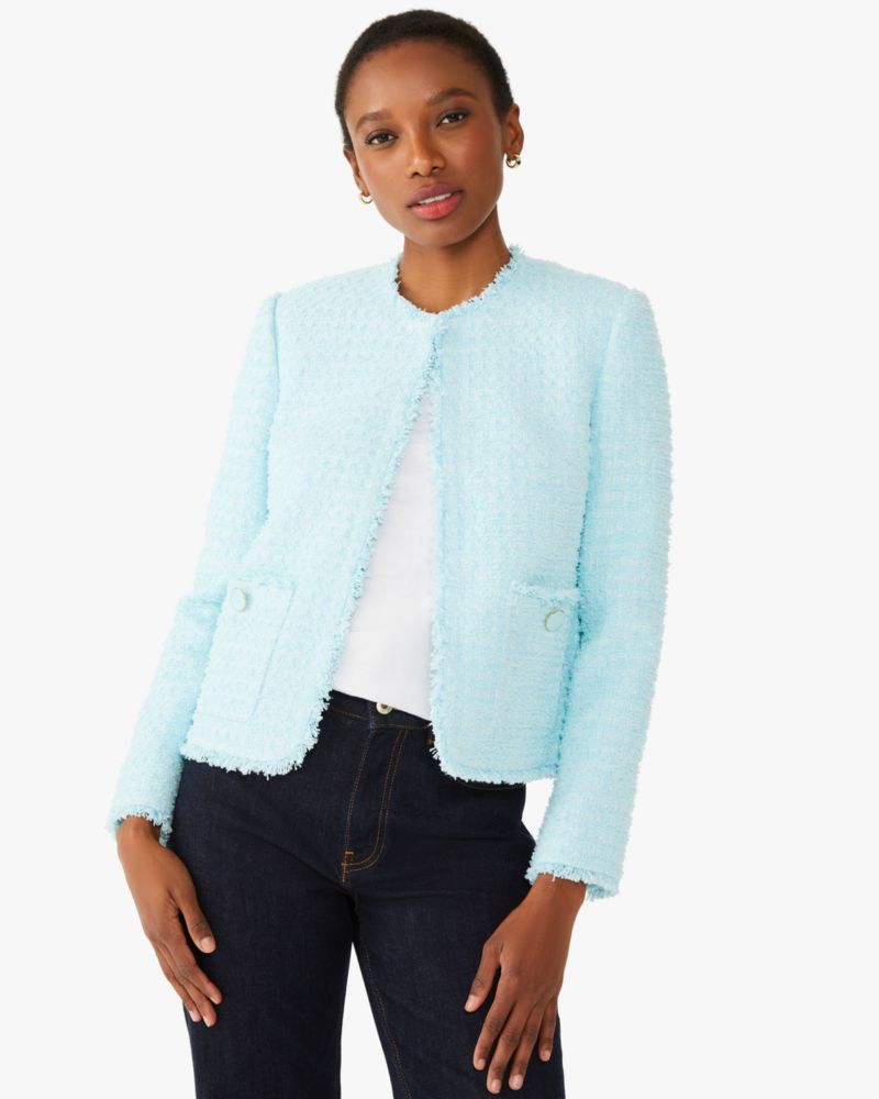 Kate Spade,Tweed Jacket,Tweed,Polyester,Tweed,Frayed,Button,Day Party,Blue