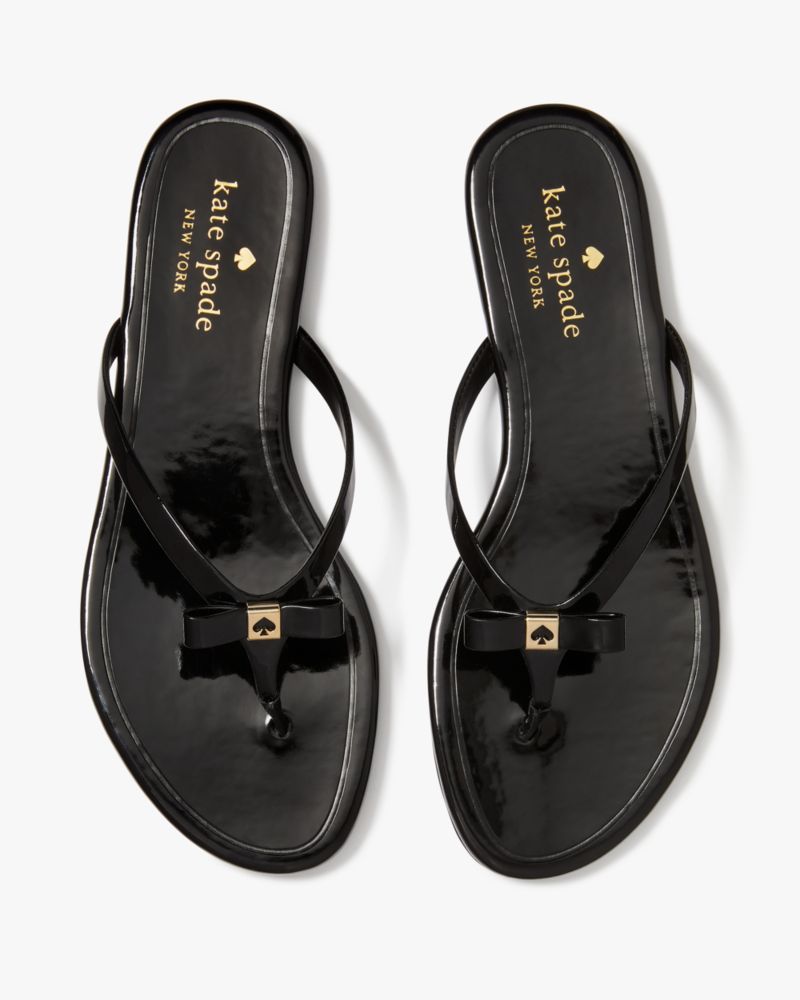 Kate Spade,Tatum Sandals,Lining Leather,Rubber,Flip Flops,Bow,Logo,Metal,Gold Metal,Casual,Black