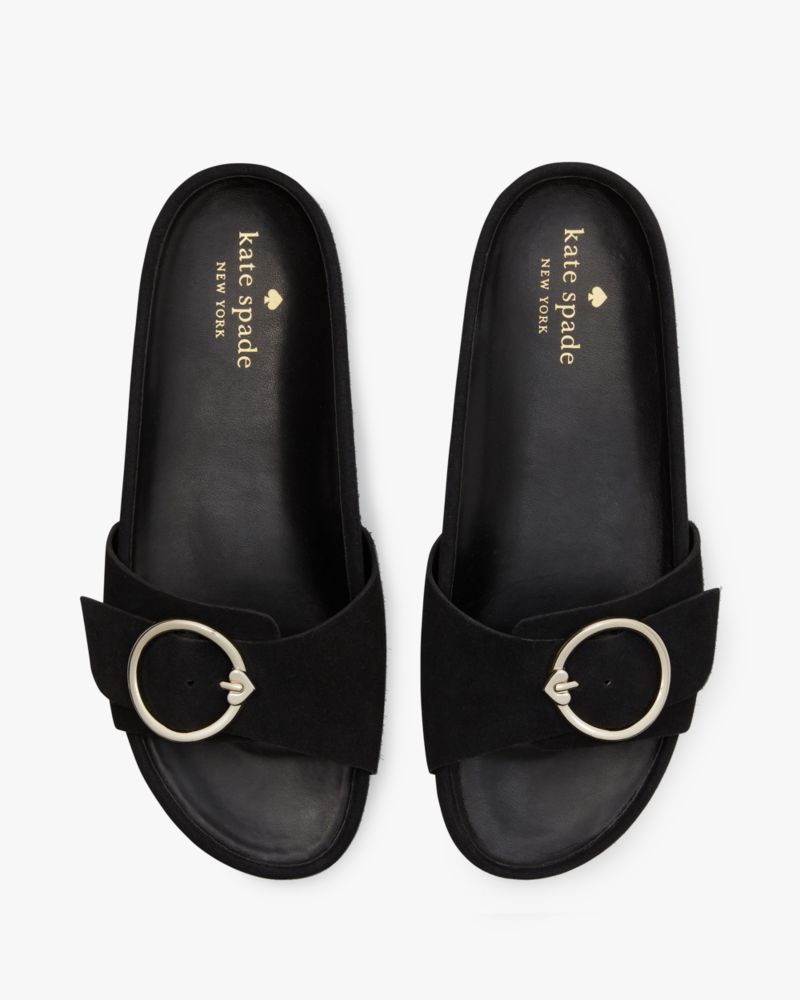 Kate Spade,Della Slide Sandals,Suede,Faux Leather,Rubber,Slides,Belt,Gold Metal,Casual,Black