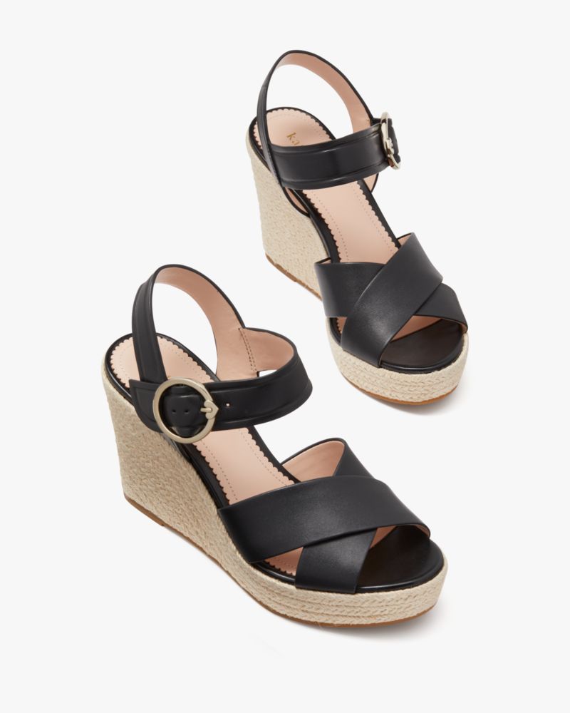 Kate Spade,Della Wedge Heeled Sandals,Rubber,Leather,Faux Leather,Sandals,Espadrilles,Day Party,Black