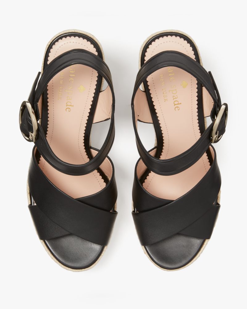 Kate Spade,Della Wedge Heeled Sandals,Rubber,Leather,Faux Leather,Sandals,Espadrilles,Day Party,Black