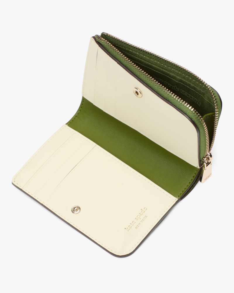Kate Spade,Ava Colorblocked Pebbled Leather Zip Bifold Wallet,Leather,Bi Fold,Faux Leather,Logo,Word Embellishment,Casual,Olive