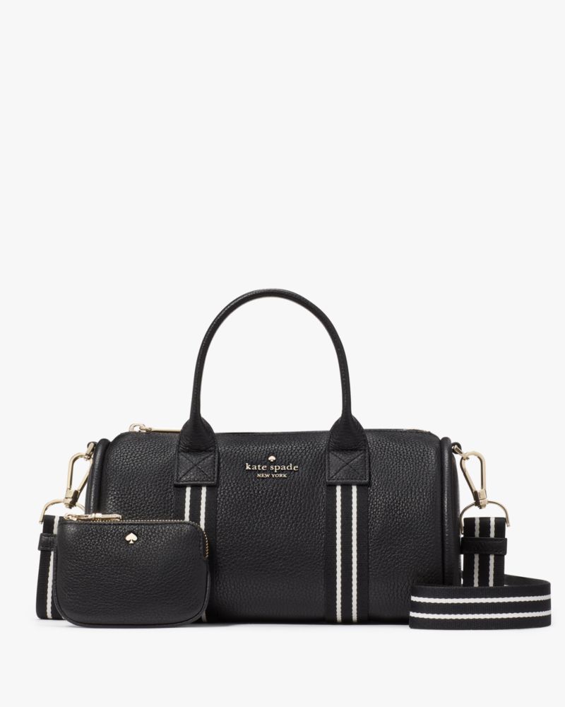 Kate Spade,Rosie Small Duffle Crossbody,Lining Leather,Leather,Barrel Bag,Coin,Stripe,Metal,Logo,Word Embellishment,Lined,...,Black