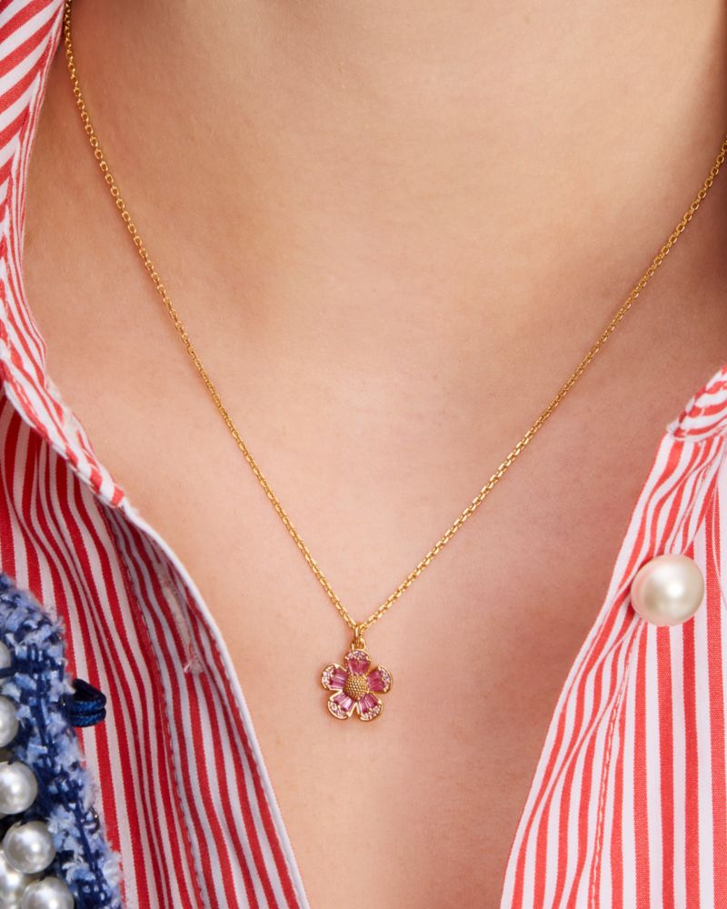 Kate Spade,Fleurette Pendant,Single Strand,Floral Embellishment,Pave Embellishment,Gem Embellishment,Gold Plated,Casual,Pink