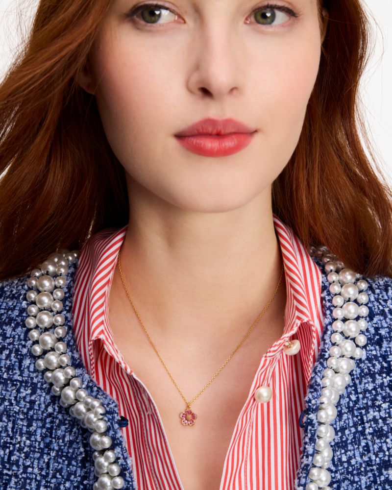 Kate Spade,Fleurette Pendant,Single Strand,Floral Embellishment,Pave Embellishment,Gem Embellishment,Gold Plated,Casual,Pink