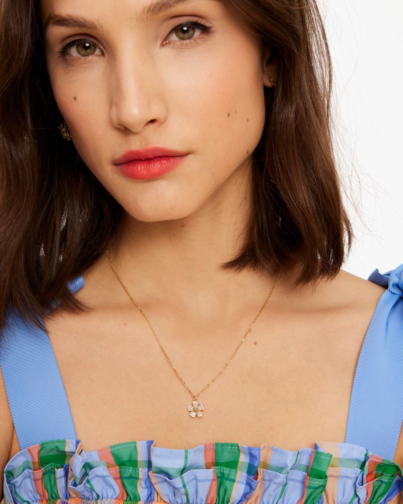 Kate Spade,Fleurette Pendant,Single Strand,Gem Embellishment,Pave Embellishment,Floral Embellishment,Gold Metal,Casual,Clear