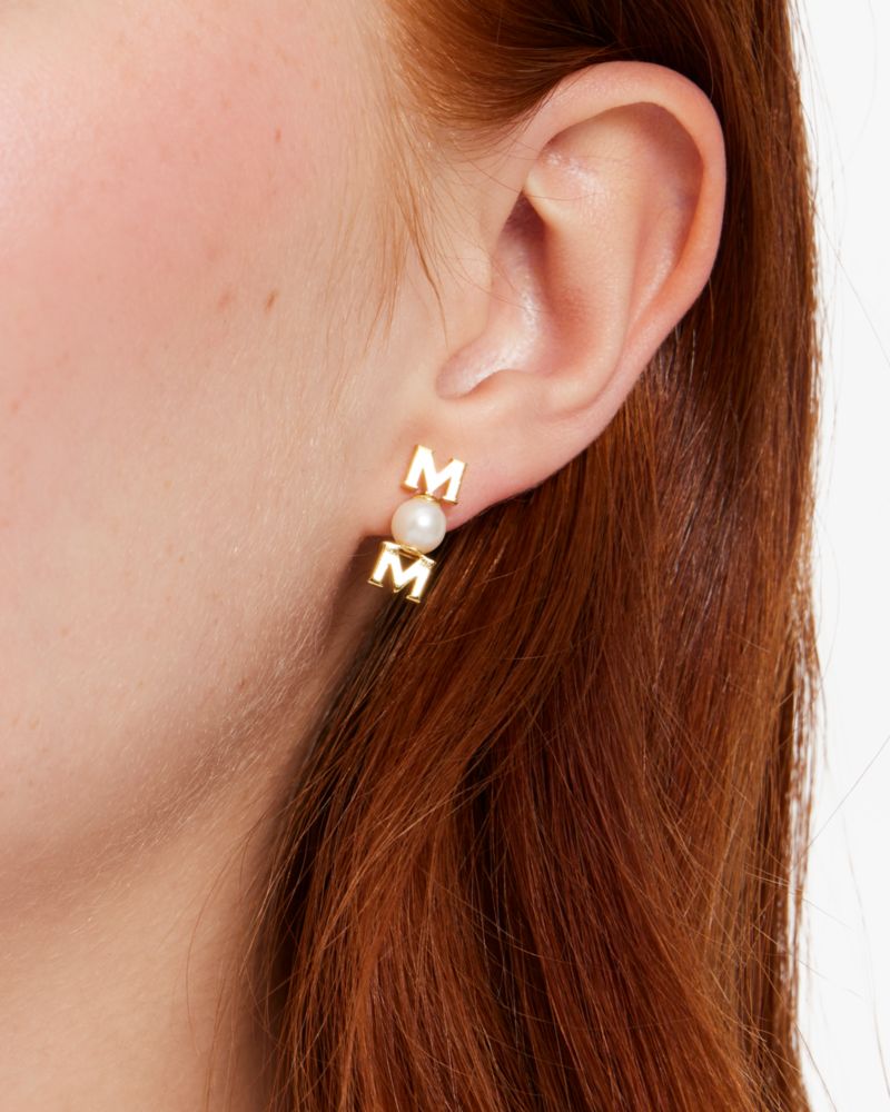 Kate Spade,Love You, Mom Studs,Studs,Lettering Word,Pearl,Gold Metal,Casual,