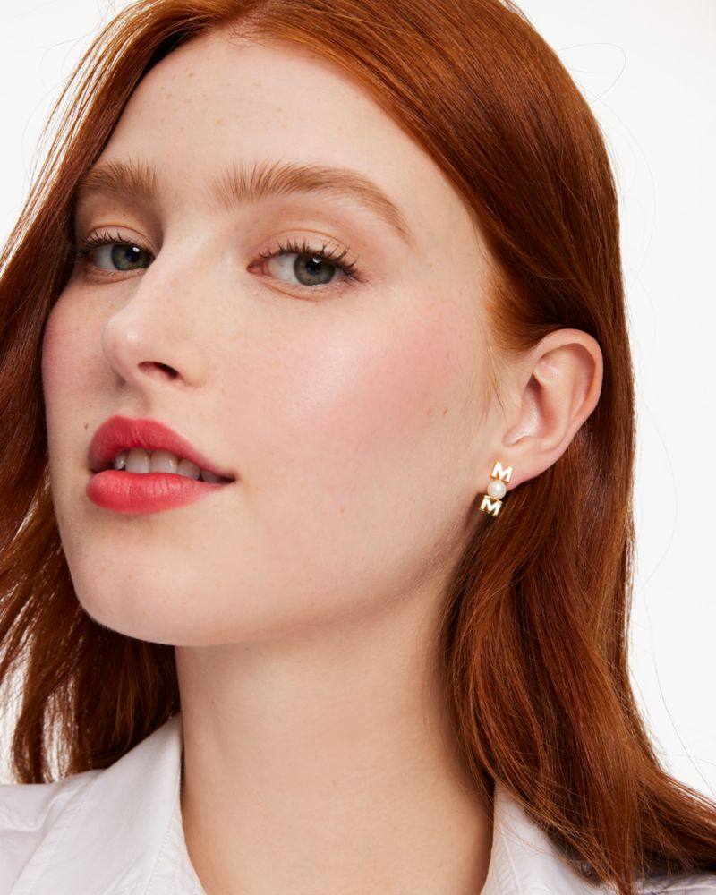 Kate Spade,Love You, Mom Studs,Studs,Lettering Word,Pearl,Gold Metal,Casual,