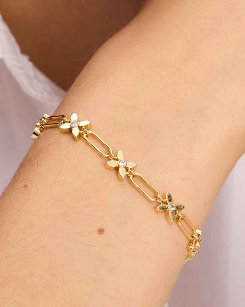 Kate Spade,Heritage Bloom Line Bracelet,Cubic Zirconia,Floral Embellishment,Logo,Gem Embellishment,Gold Plated,Yellow Gold...,Clear