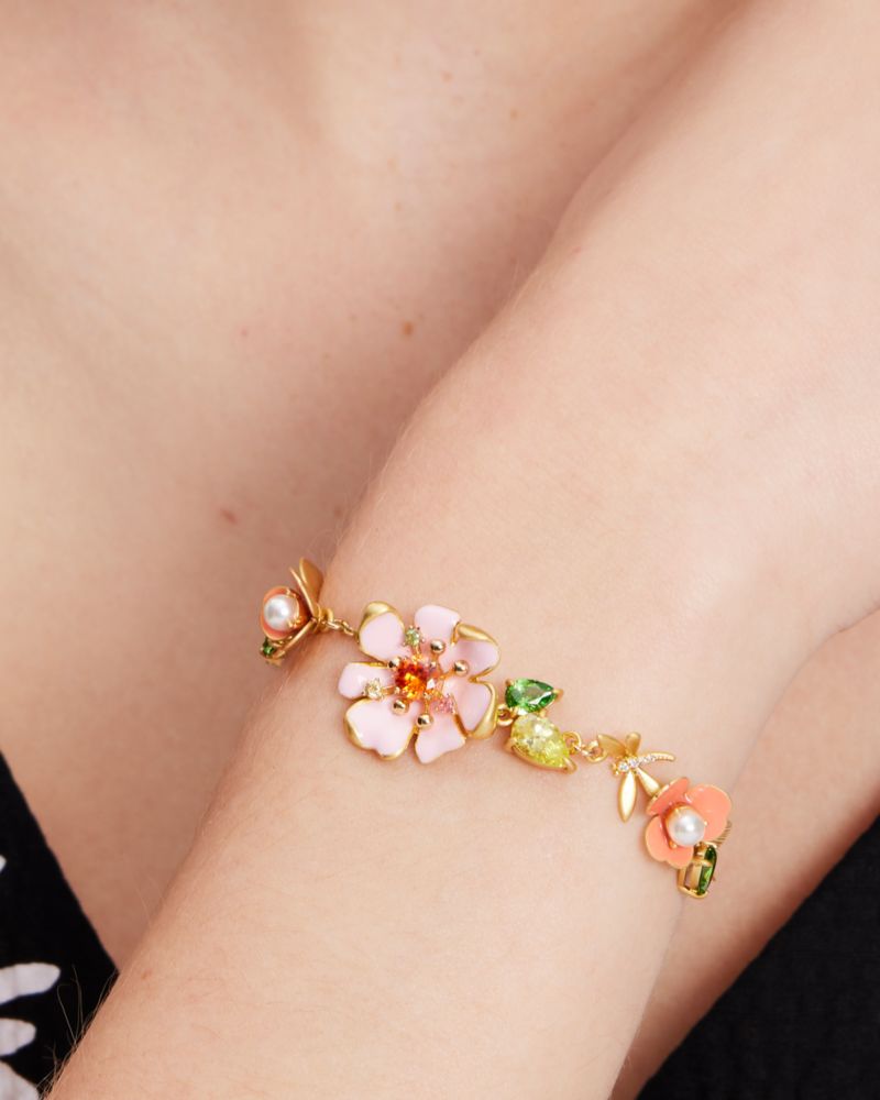 Kate Spade,Bloom In Color Bracelet,Enamel,Pearl,Glass,Floral Embellishment,Leaf Embellishment,Novelty Embellishment,Rhines...,Multi Color