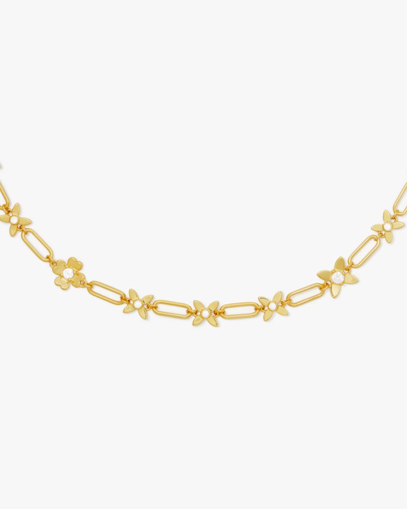 Kate Spade,Heitage Bloom Necklace,Single Strand,Cubic Zirconia,Gem Embellishment,Chain Link,Gold Plated,Casual,Clear