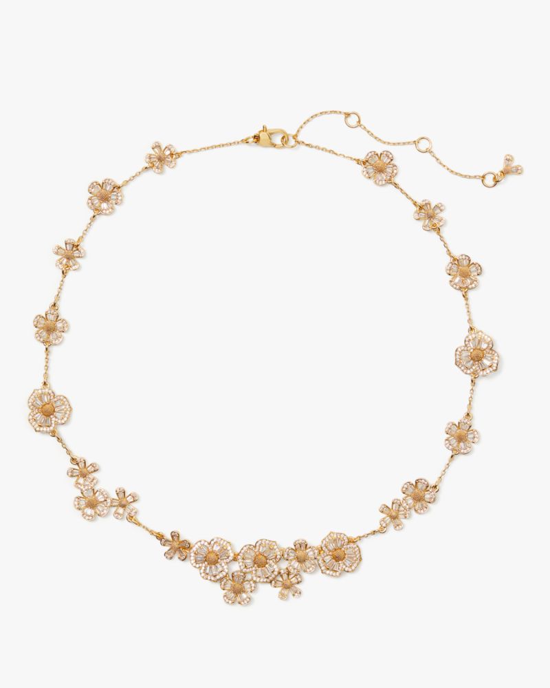 Kate Spade,Fleurette Statement Necklace,Single Strand,Floral Embellishment,Gem Embellishment,Pave Embellishment,Gold Plate...,Clear