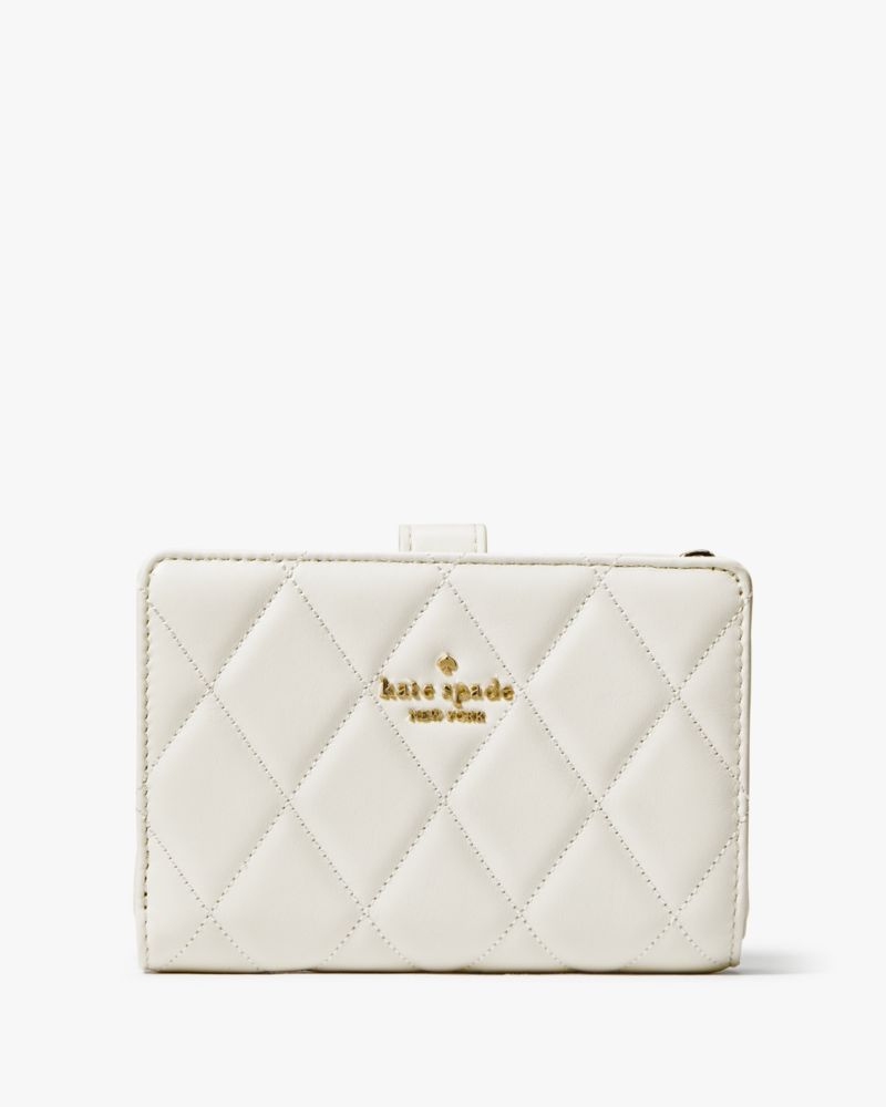 Kate Spade,Carey Medium Compact Bifold Wallet,Leather,Bi Fold,Metal,Logo,Silver Metal,Casual,White