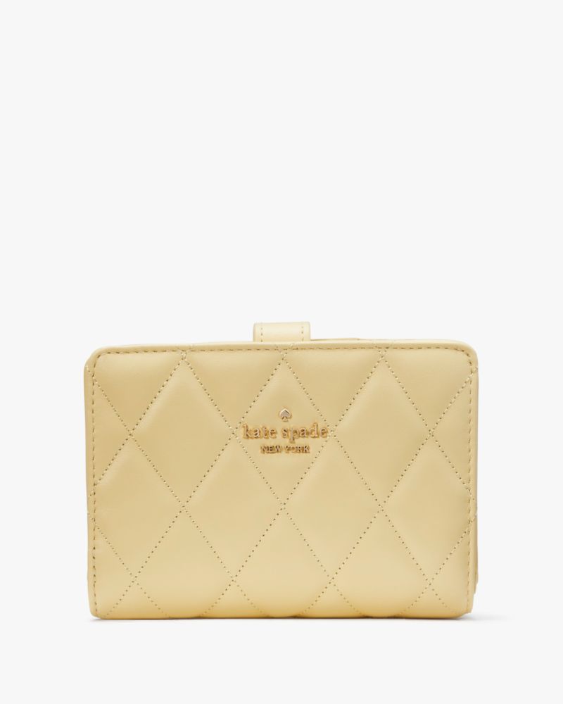 Kate Spade,Carey Medium Compact Bifold Wallet,Leather,Bi Fold,Metal,Logo,Silver Metal,Casual,Beige