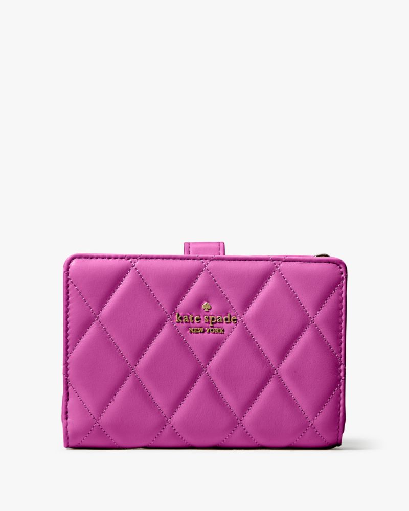 Kate Spade,Carey Medium Compact Bifold Wallet,Leather,Bi Fold,Metal,Logo,Silver Metal,Casual,Fuchsia