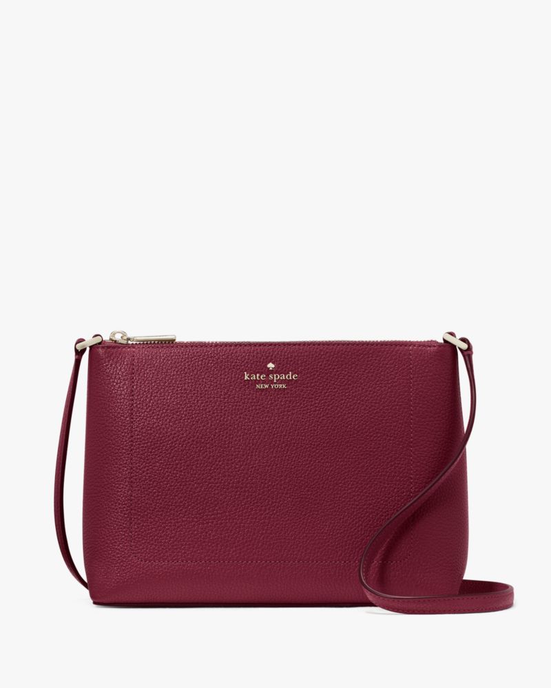 Kate Spade,Leila Medium Crossbody,Lining Leather,Crossbody,Metal,Logo,Lined,Casual,Maroon