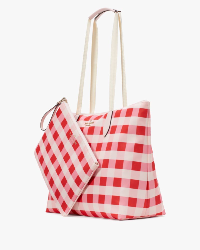 Kate Spade,Mel Gingham Packable Tote,Nylon,Pouch,Wristlet,Tote,PVC,Logo,Metal,Casual,