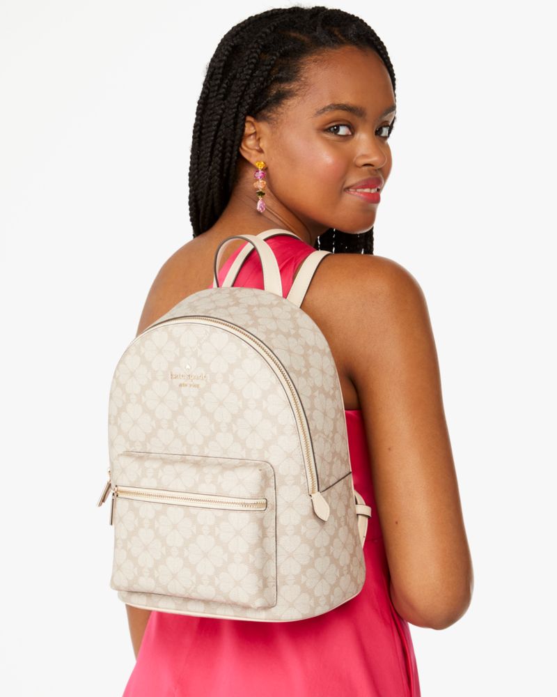 Kate Spade,Signature Spade Flower Medium Backpack,Leather,Backpack,PVC,Metal,Logo,Lined,Day Party,Beige