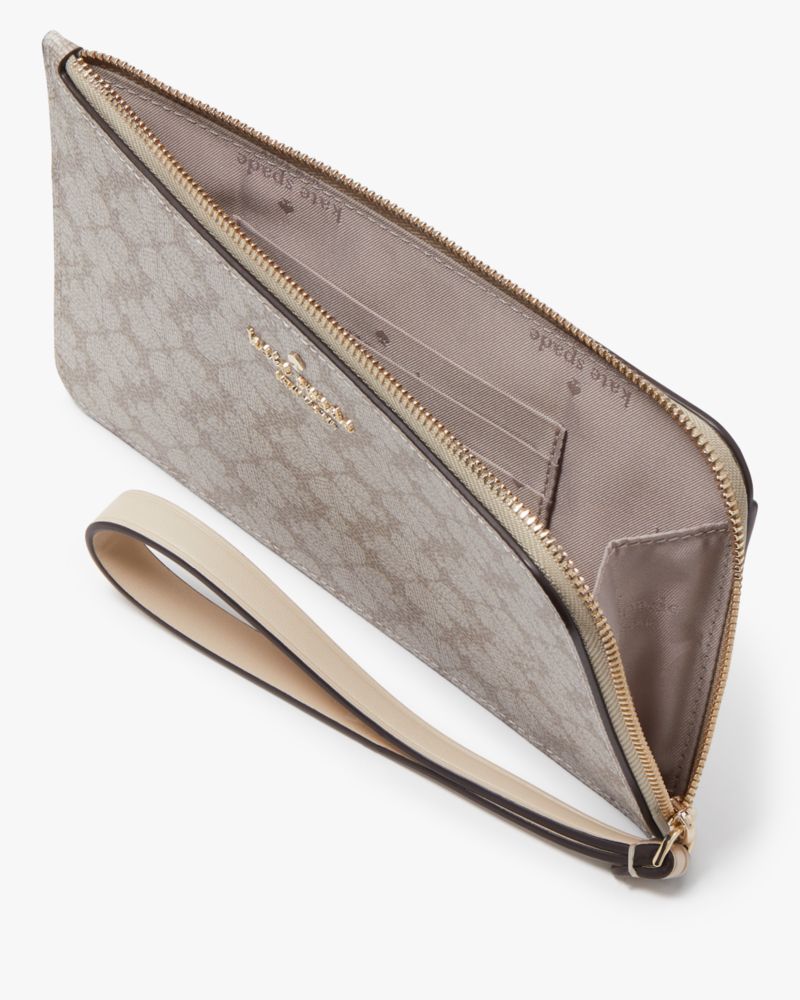 Kate Spade,Lucy Spade Flower Medium L-zip Wristlet,Pouch,Wristlet,PVC,Metal,Logo,Silver Metal,Casual,Brown